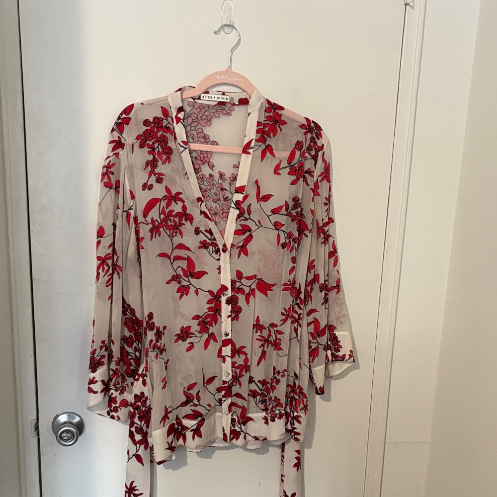 Alice + Olivia Sheer Cream Blouse with Red Floral Print